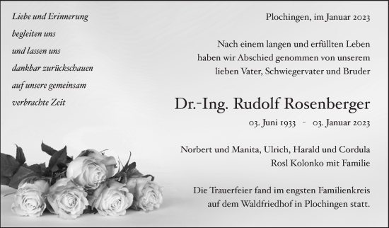 Traueranzeige von Rudolf Rosenberger von Eßlinger Zeitung/Cannstatter Zeitung