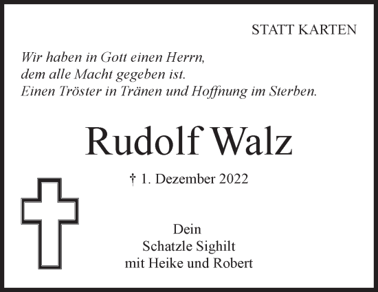 Traueranzeige von Rudolf Walz von Eßlinger Zeitung/Cannstatter Zeitung