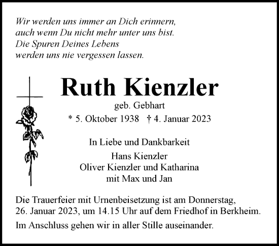 Traueranzeige von Ruth Kienzler von Eßlinger Zeitung/Cannstatter Zeitung