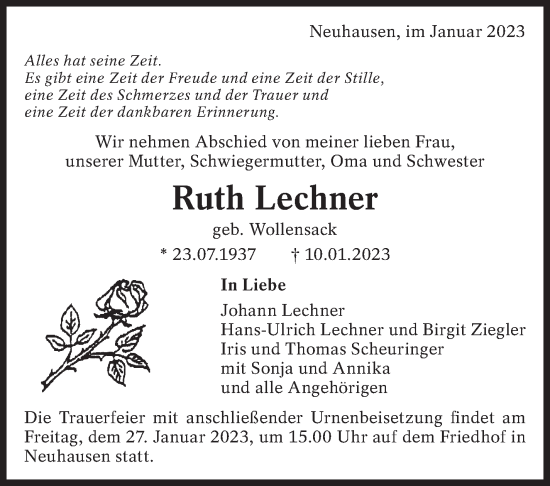 Traueranzeige von Ruth Lechner von Eßlinger Zeitung/Cannstatter Zeitung