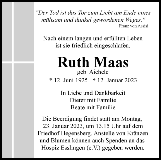 Traueranzeige von Ruth Maas von Eßlinger Zeitung/Cannstatter Zeitung