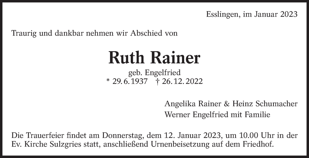  Traueranzeige für Ruth Rainer vom 05.01.2023 aus Eßlinger Zeitung/Cannstatter Zeitung