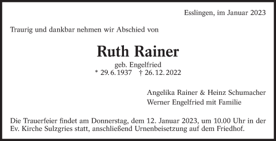 Traueranzeige von Ruth Rainer von Eßlinger Zeitung/Cannstatter Zeitung