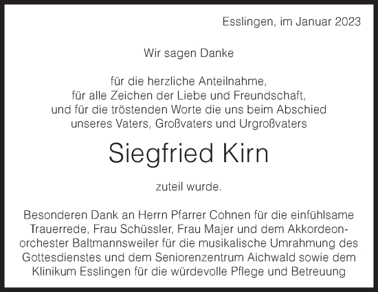 Traueranzeige von Siegfried Kirn von Eßlinger Zeitung/Cannstatter Zeitung