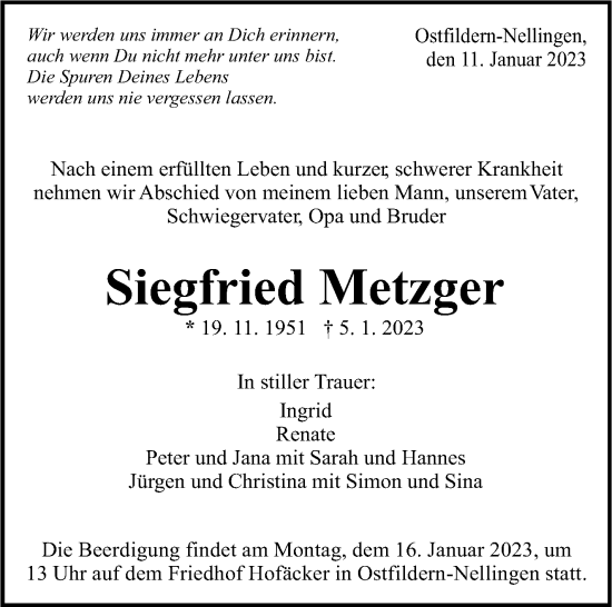 Traueranzeige von Siegfried Metzger von Eßlinger Zeitung/Cannstatter Zeitung