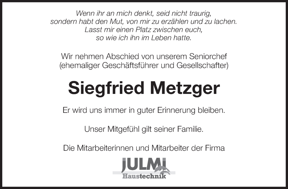  Traueranzeige für Siegfried Metzger vom 18.01.2023 aus Eßlinger Zeitung/Cannstatter Zeitung