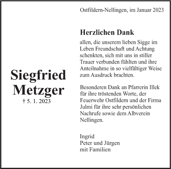 Traueranzeige von Siegfried Metzger von Eßlinger Zeitung/Cannstatter Zeitung