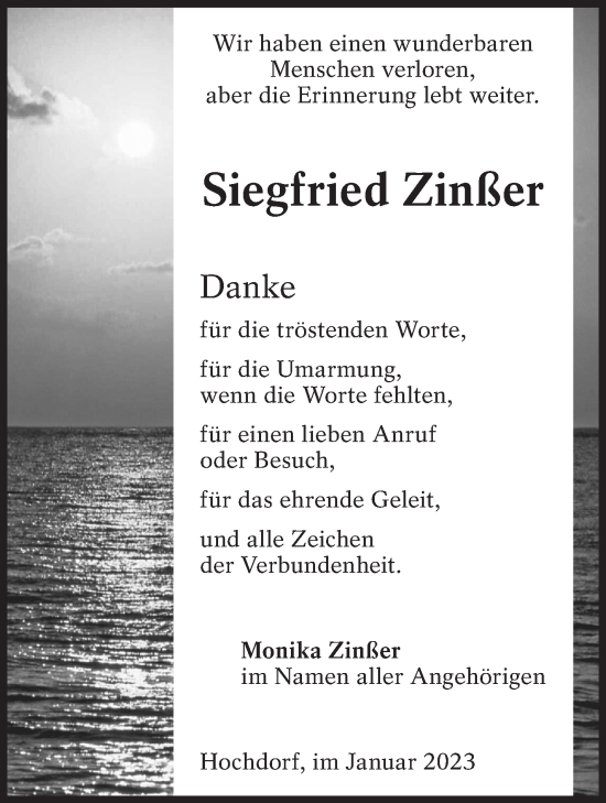 Traueranzeige von Siegfried Zinßer von Eßlinger Zeitung/Cannstatter Zeitung