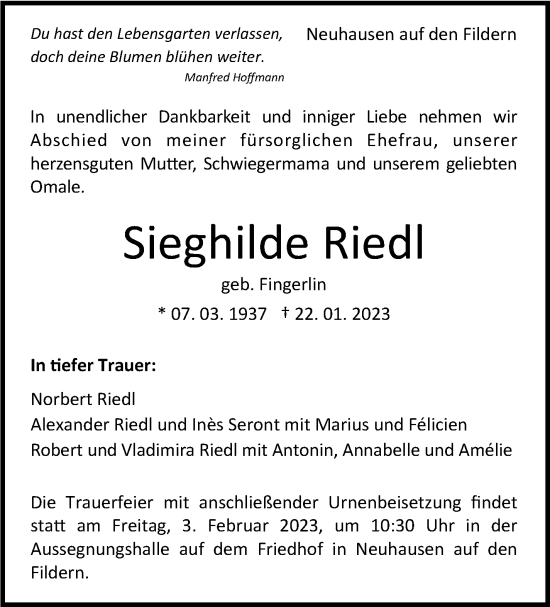 Traueranzeige von Sieghilde Riedl von Eßlinger Zeitung/Cannstatter Zeitung
