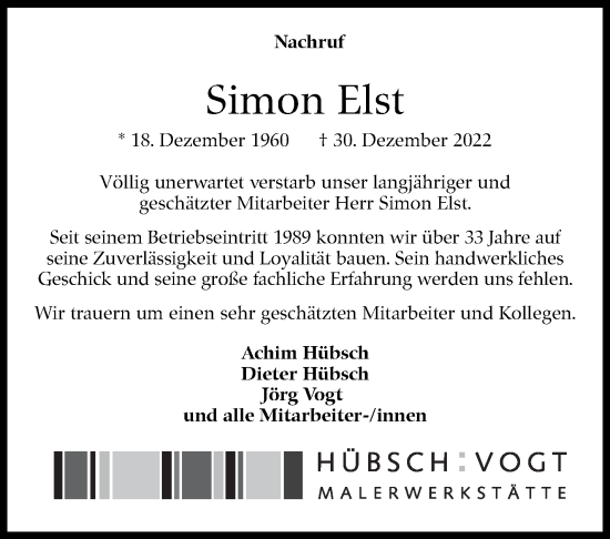 Traueranzeige von Simon Elst von Eßlinger Zeitung/Cannstatter Zeitung
