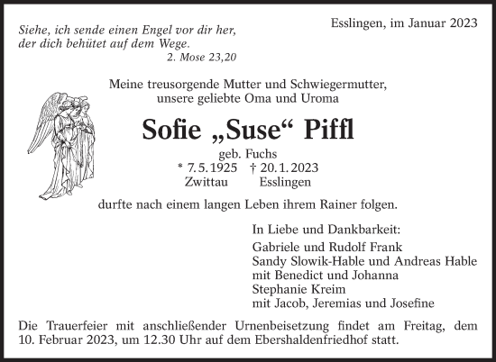 Traueranzeige von Sofie Piffl von Eßlinger Zeitung/Cannstatter Zeitung