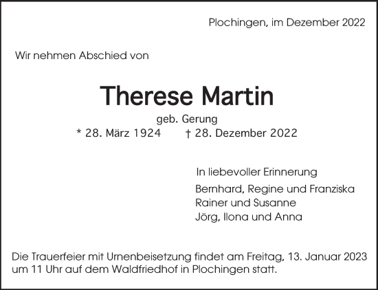 Traueranzeige von Therese Martin von Eßlinger Zeitung/Cannstatter Zeitung