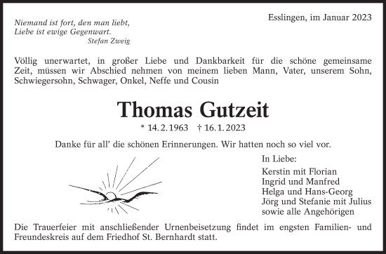Traueranzeige von Thomas Gutzeit von Eßlinger Zeitung/Cannstatter Zeitung