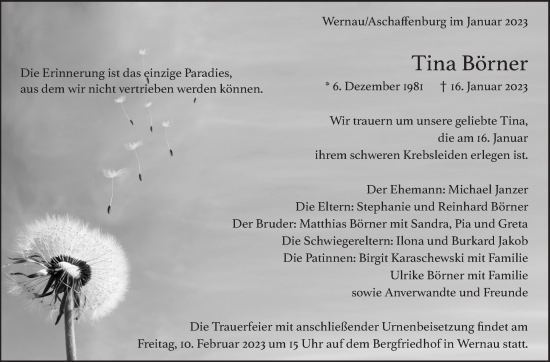 Traueranzeige von Tina Börner von Eßlinger Zeitung/Cannstatter Zeitung