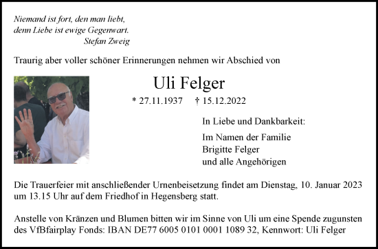 Traueranzeige von Uli Felger von Eßlinger Zeitung/Cannstatter Zeitung