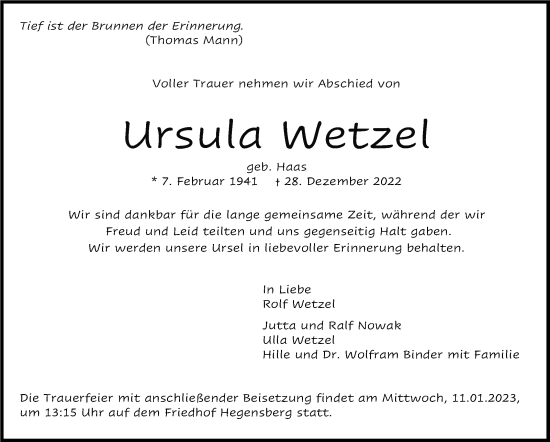 Traueranzeige von Ursula Wetzel von Eßlinger Zeitung/Cannstatter Zeitung