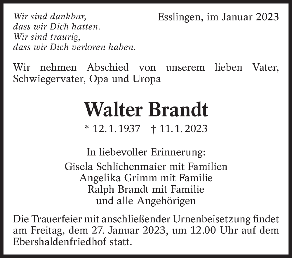  Traueranzeige für Walter Brandt vom 21.01.2023 aus Eßlinger Zeitung/Cannstatter Zeitung