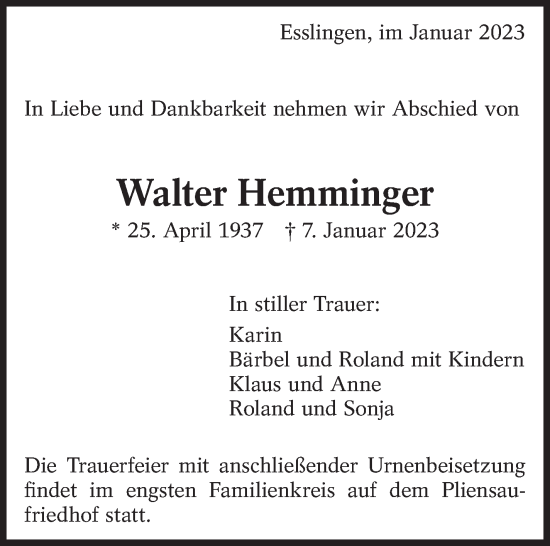 Traueranzeige von Walter Hemminger von Eßlinger Zeitung/Cannstatter Zeitung