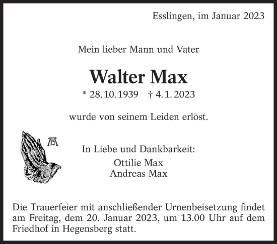 Traueranzeige von Walter Max von Eßlinger Zeitung/Cannstatter Zeitung