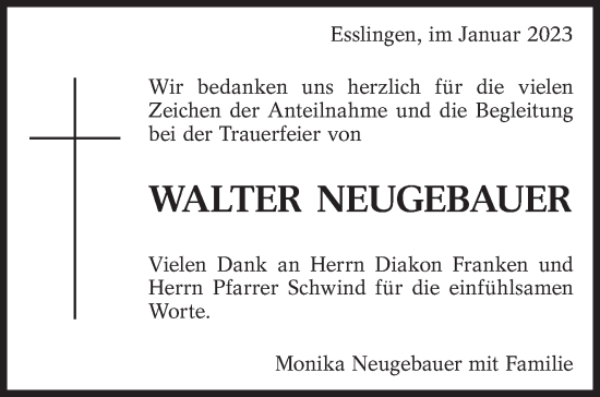 Traueranzeige von Walter Neugebauer von Eßlinger Zeitung/Cannstatter Zeitung