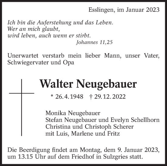 Traueranzeige von Walter Neugebauer von Eßlinger Zeitung/Cannstatter Zeitung