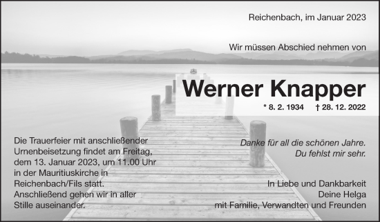 Traueranzeige von Werner Knapper von Eßlinger Zeitung/Cannstatter Zeitung