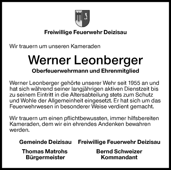 Traueranzeige von Werner Leonberger von Eßlinger Zeitung/Cannstatter Zeitung