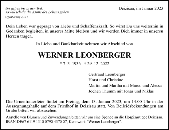 Traueranzeige von Werner Leonberger von Eßlinger Zeitung/Cannstatter Zeitung