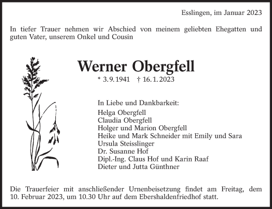 Traueranzeige von Werner Obergfell von Eßlinger Zeitung/Cannstatter Zeitung