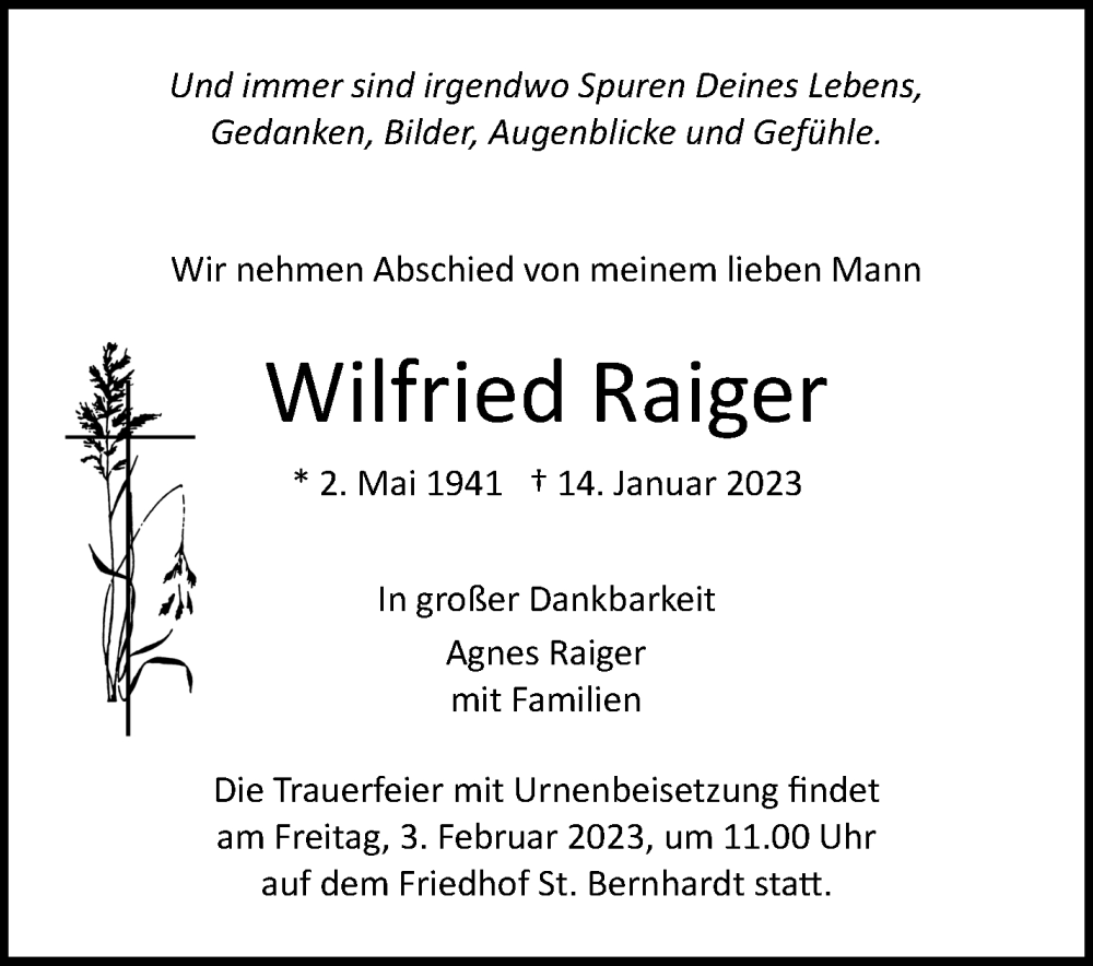  Traueranzeige für Wilfried Raiger vom 20.01.2023 aus Eßlinger Zeitung/Cannstatter Zeitung