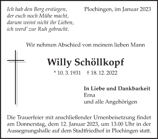 Traueranzeige von Willy Schöllkopf von Eßlinger Zeitung/Cannstatter Zeitung