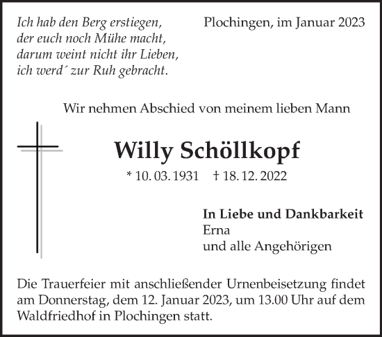 Traueranzeige von Willy Schöllkopf von Eßlinger Zeitung/Cannstatter Zeitung