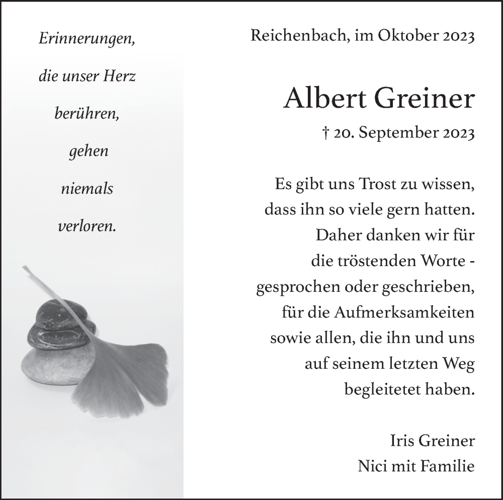  Traueranzeige für Albert Greiner vom 21.10.2023 aus Eßlinger Zeitung/Cannstatter Zeitung