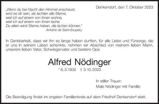 Traueranzeige von Alfred Nödinger von Eßlinger Zeitung/Cannstatter Zeitung