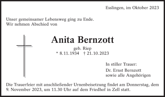 Traueranzeige von Anita Bernzott von Eßlinger Zeitung/Cannstatter Zeitung