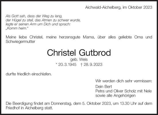 Traueranzeige von Christel Gutbrod von Eßlinger Zeitung/Cannstatter Zeitung