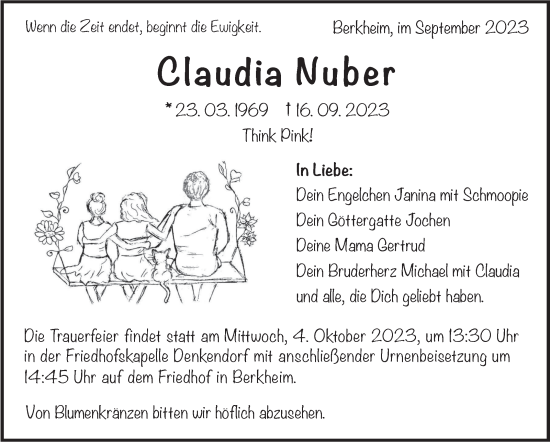 Traueranzeige von Claudia Nuber von Eßlinger Zeitung/Cannstatter Zeitung