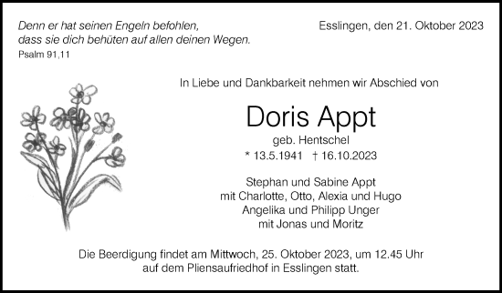 Traueranzeige von Doris Appt von Eßlinger Zeitung/Cannstatter Zeitung