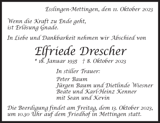 Traueranzeige von Elfriede Drescher von Eßlinger Zeitung/Cannstatter Zeitung