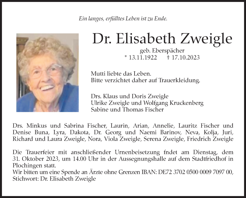  Traueranzeige für Elisabeth Zweigle vom 24.10.2023 aus Eßlinger Zeitung/Cannstatter Zeitung