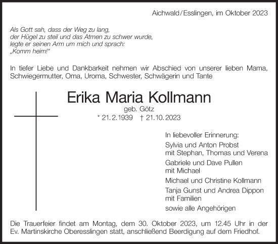 Traueranzeige von Erika Maria Kollmann von Eßlinger Zeitung/Cannstatter Zeitung