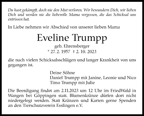 Traueranzeige von Eveline Trumpp von Eßlinger Zeitung/Cannstatter Zeitung