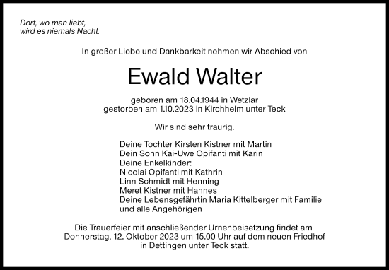 Traueranzeige von Ewald Walter von Eßlinger Zeitung/Cannstatter Zeitung