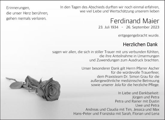 Traueranzeige von Ferdinand Maier von Eßlinger Zeitung/Cannstatter Zeitung