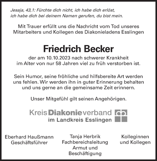 Traueranzeige von Friedrich Becker von Eßlinger Zeitung/Cannstatter Zeitung