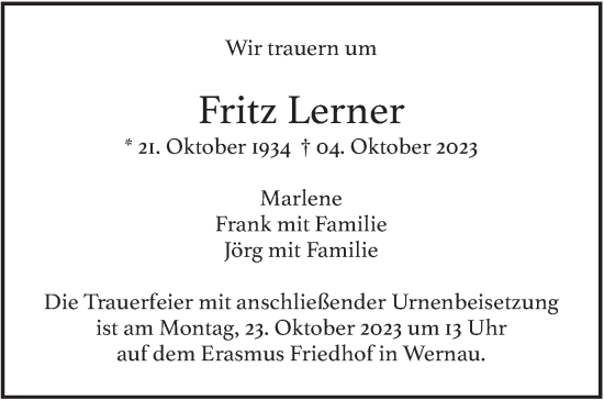 Traueranzeige von Fritz Lerner von Eßlinger Zeitung/Cannstatter Zeitung