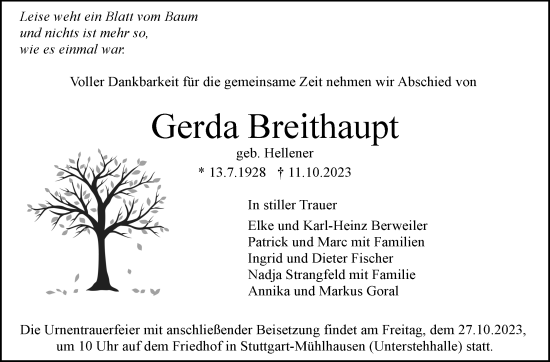 Traueranzeige von Gerda Breithaupt von Eßlinger Zeitung/Cannstatter Zeitung