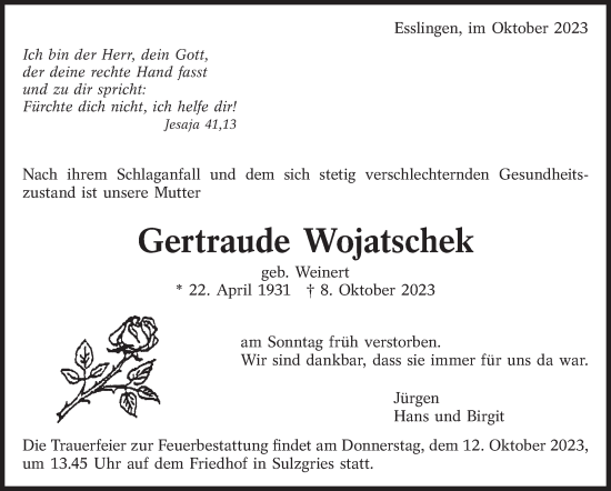 Traueranzeige von Gertraude Wojatschek von Eßlinger Zeitung/Cannstatter Zeitung