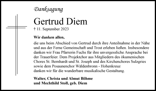 Traueranzeige von Gertrud Diem von Eßlinger Zeitung/Cannstatter Zeitung