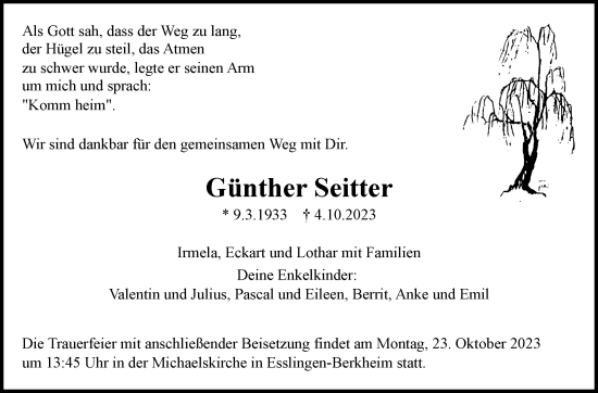 Traueranzeige von Günther Seitter von Eßlinger Zeitung/Cannstatter Zeitung